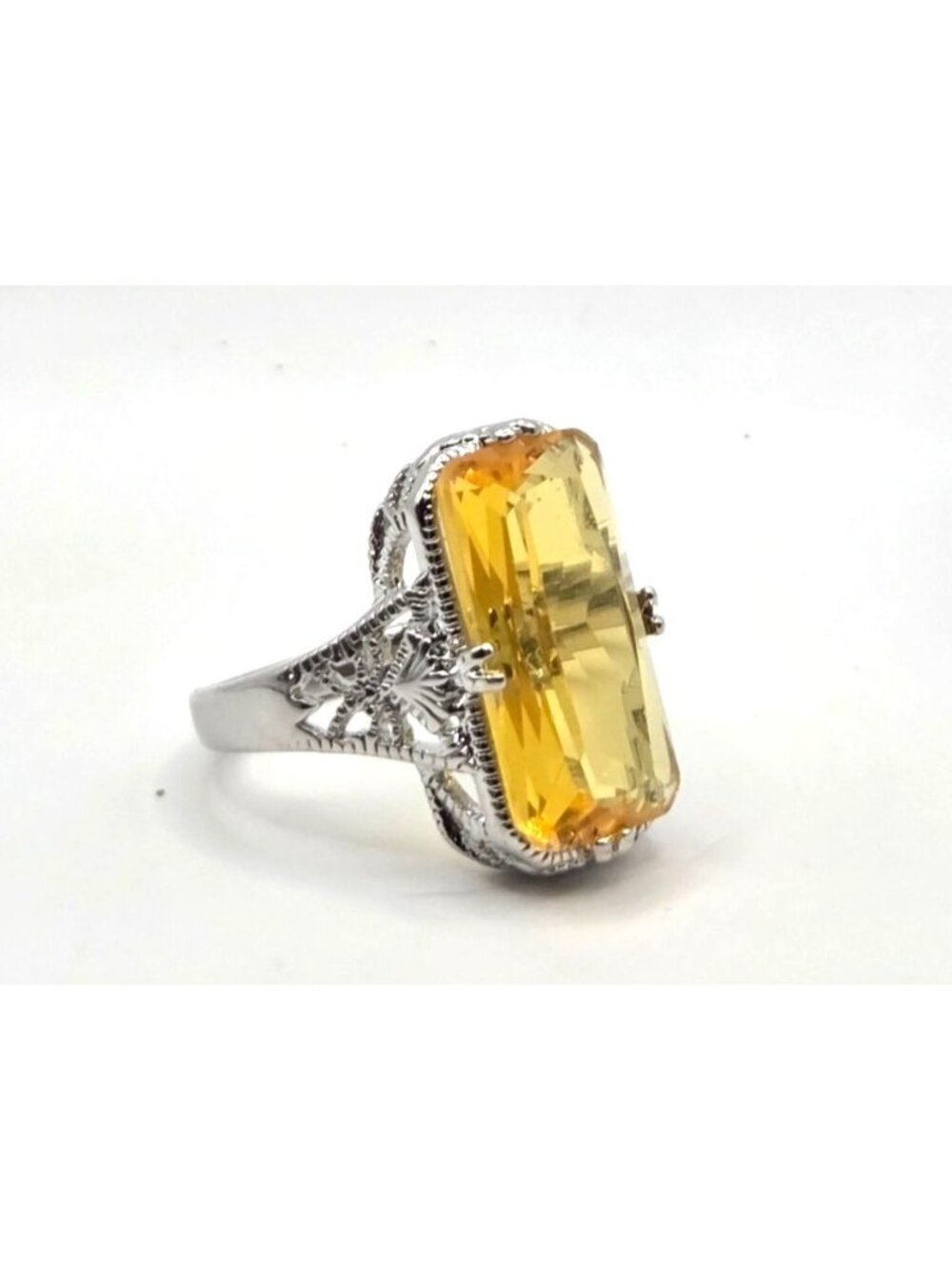 Vintage-Inspired Silver Tone Ring With Rectangular Yellow Gemstone & Intricate F